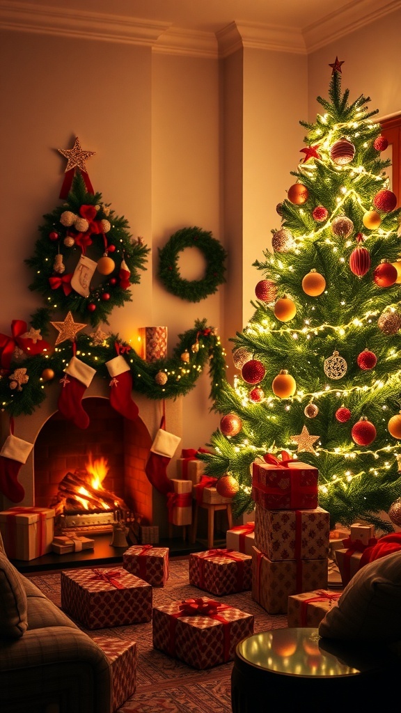 A cozy Christmas living room with a decorated tree, gifts, and a fireplace.